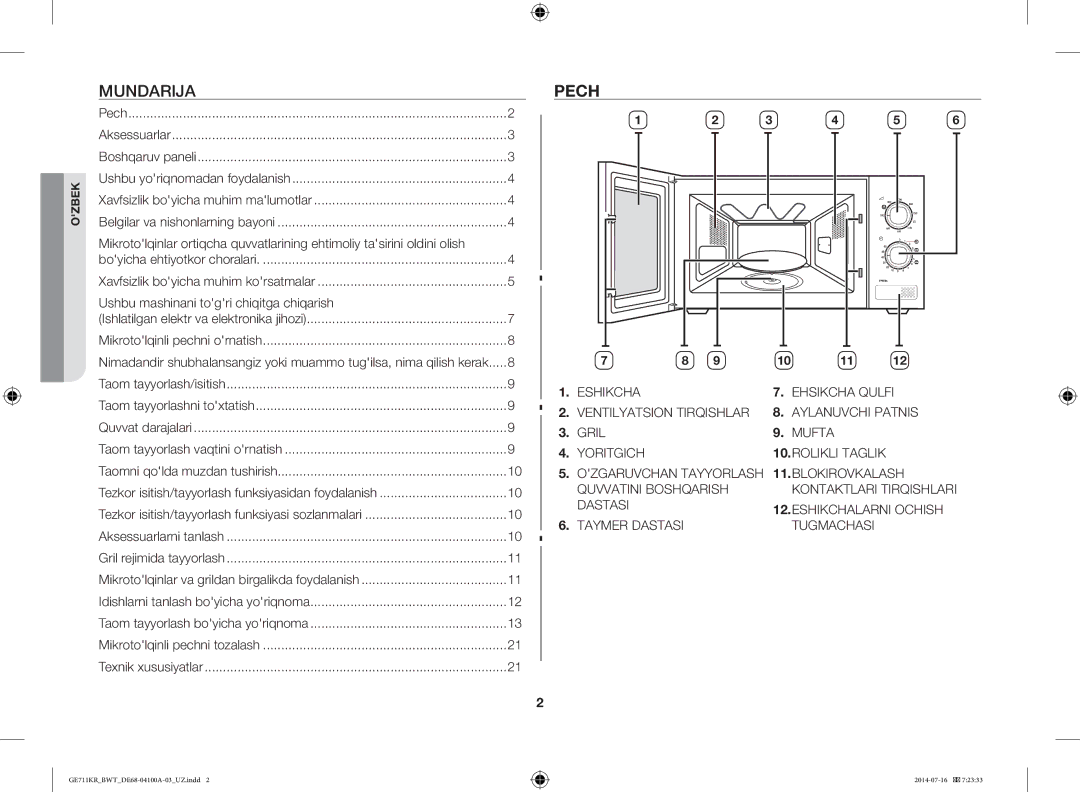 Samsung GE713KR/BWT, GE711KR/BWT, GE712KR/BWT manual Pech, Ushbu mashinani togri chiqitga chiqarish, Aksessuarlar 