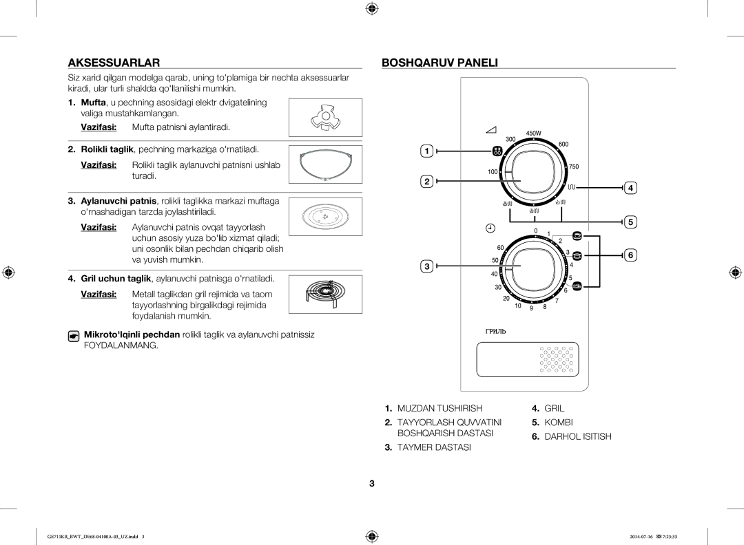 Samsung GE711KR/BWT, GE712KR/BWT, GE713KR/BWT manual Aksessuarlar, Boshqaruv Paneli 