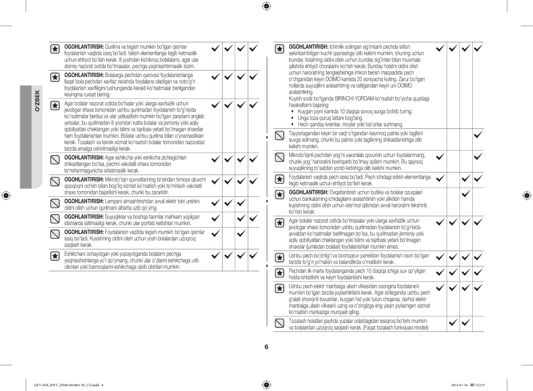 Samsung GE711KR/BWT, GE712KR/BWT, GE713KR/BWT manual Ozbek 