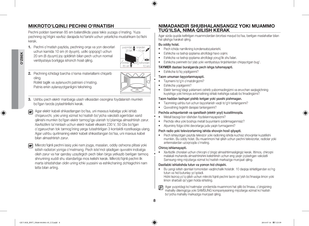 Samsung GE713KR/BWT manual Mikrotolqinli Pechni Ornatish, Pechning ichidagi barcha orama materiallarni chiqarib Oling 