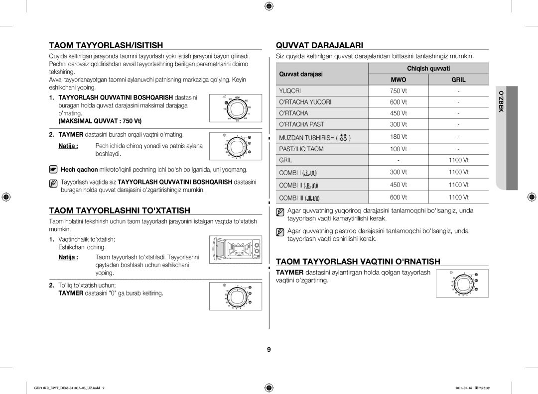 Samsung GE711KR/BWT, GE712KR/BWT, GE713KR/BWT manual Taom TAYYORLASH/ISITISH, Taom Tayyorlashni Toxtatish, Quvvat Darajalari 