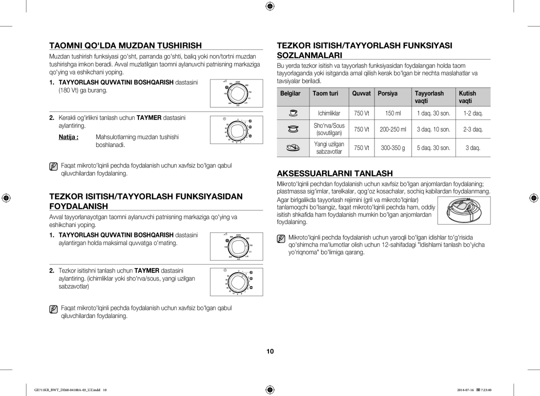 Samsung GE712KR/BWT, GE711KR/BWT manual Taomni Qolda Muzdan Tushirish, Tezkor ISITISH/TAYYORLASH Funksiyasidan Foydalanish 