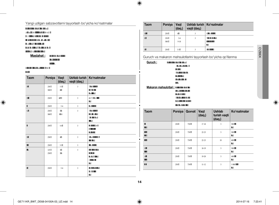 Samsung GE713KR/BWT Yangi uzilgan sabzavotlarni tayyorlash boyicha korsatmalar, Taom, Vaqt Ushlab Korsatmalar Daq, Porsiya 