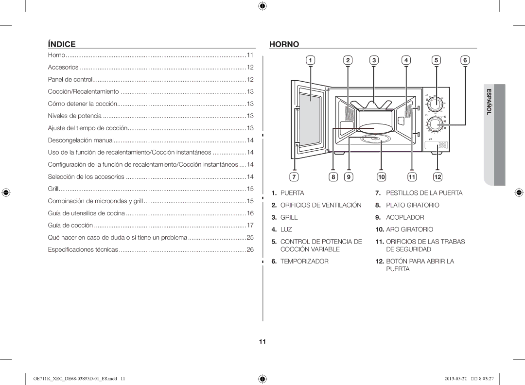 Samsung GE711K/XEC manual Índice, Horno, Luz 