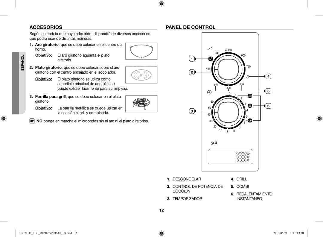 Samsung GE711K/XEC manual Accesorios, Panel de control 