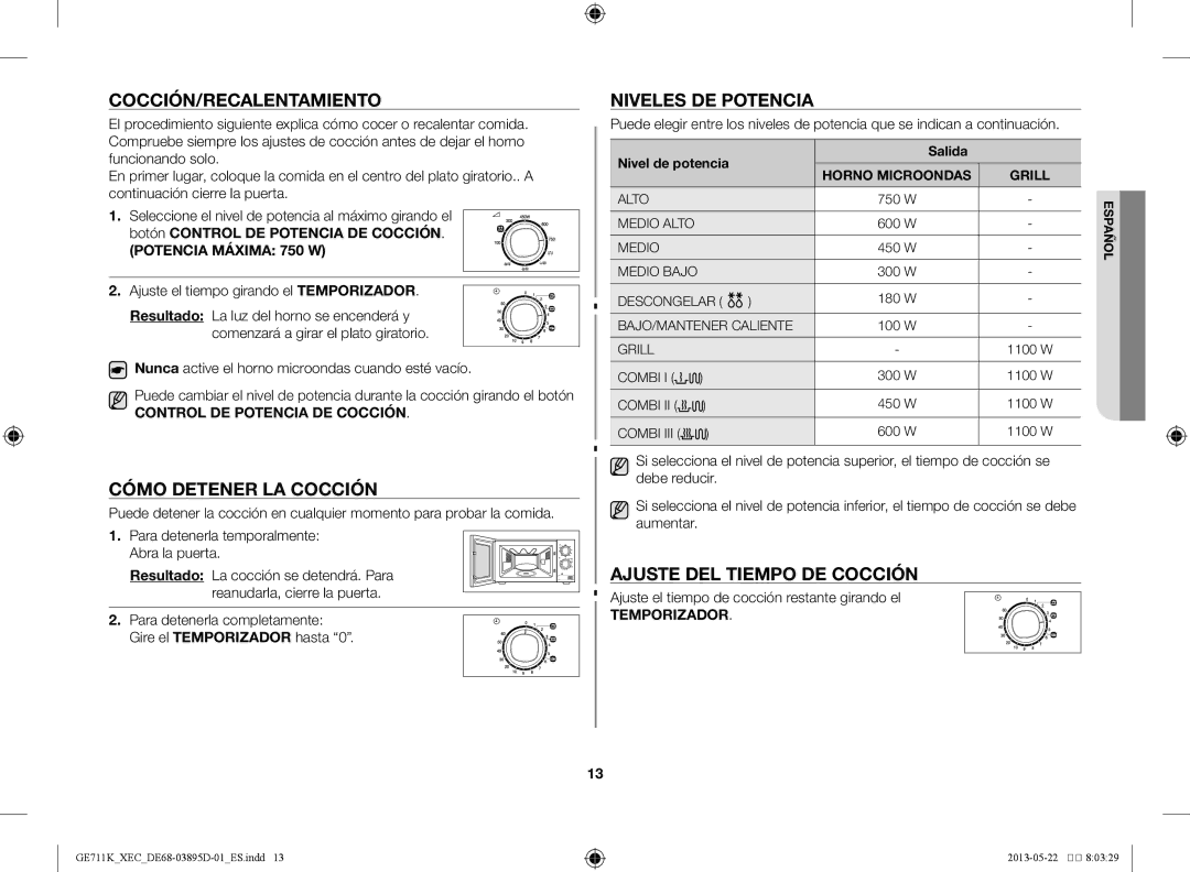 Samsung GE711K/XEC Cocción/Recalentamiento, Cómo detener la cocción, Niveles de potencia, Ajuste del tiempo de cocción 