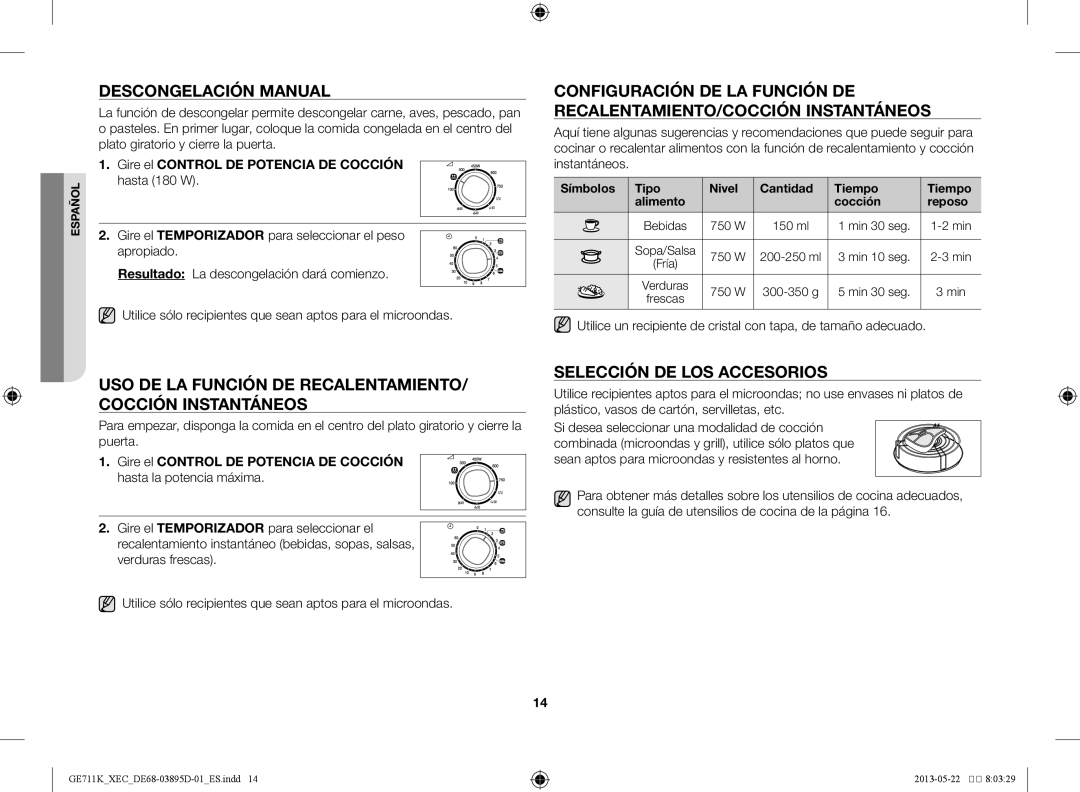 Samsung GE711K/XEC Descongelación manual, Uso de la función de recalentamiento/ Cocción instantáneos 