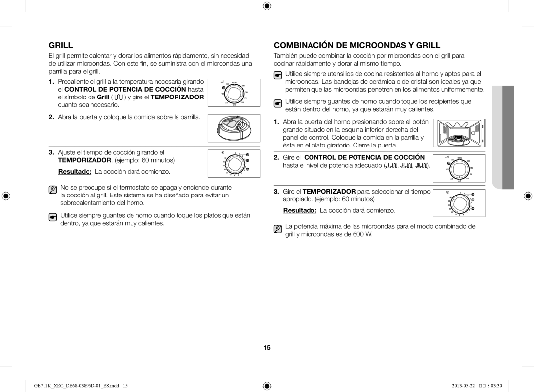 Samsung GE711K/XEC manual Grill, Combinación de microondas y grill, Ésta en el plato giratorio. Cierre la puerta 