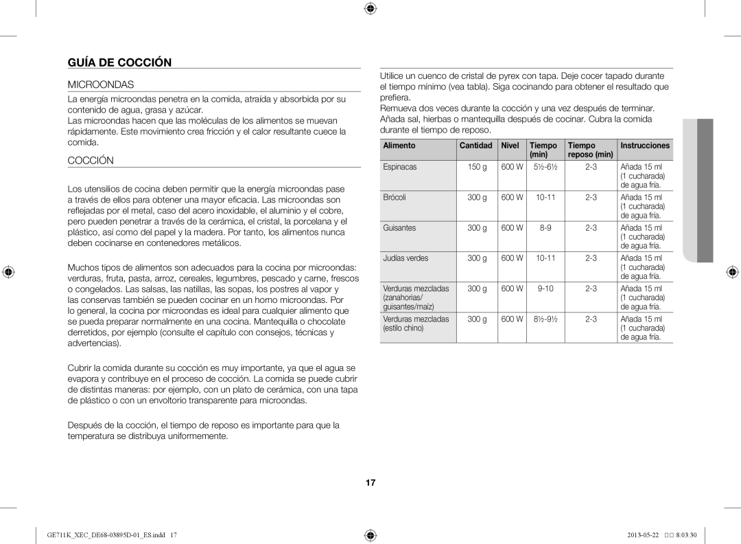 Samsung GE711K/XEC manual Guía de cocción, Microondas, Cocción, Utensilios para la cocción por microondas 