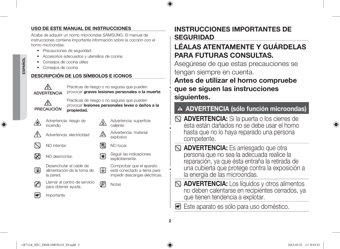 Samsung GE711K/XEC manual Este aparato es sólo para uso doméstico, Notas 