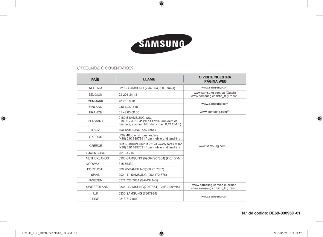 Samsung GE711K/XEC manual De código DE68-03895D-01 