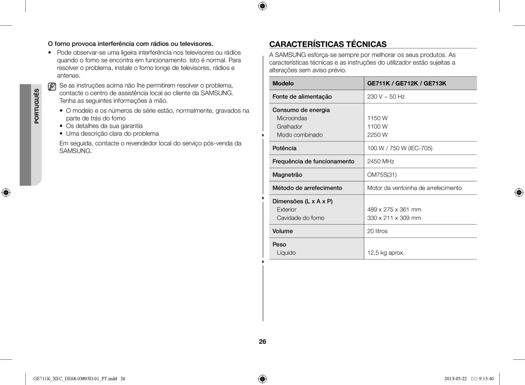 Samsung GE711K/XEC manual Características técnicas, Modelo GE711K / GE712K / GE713K 