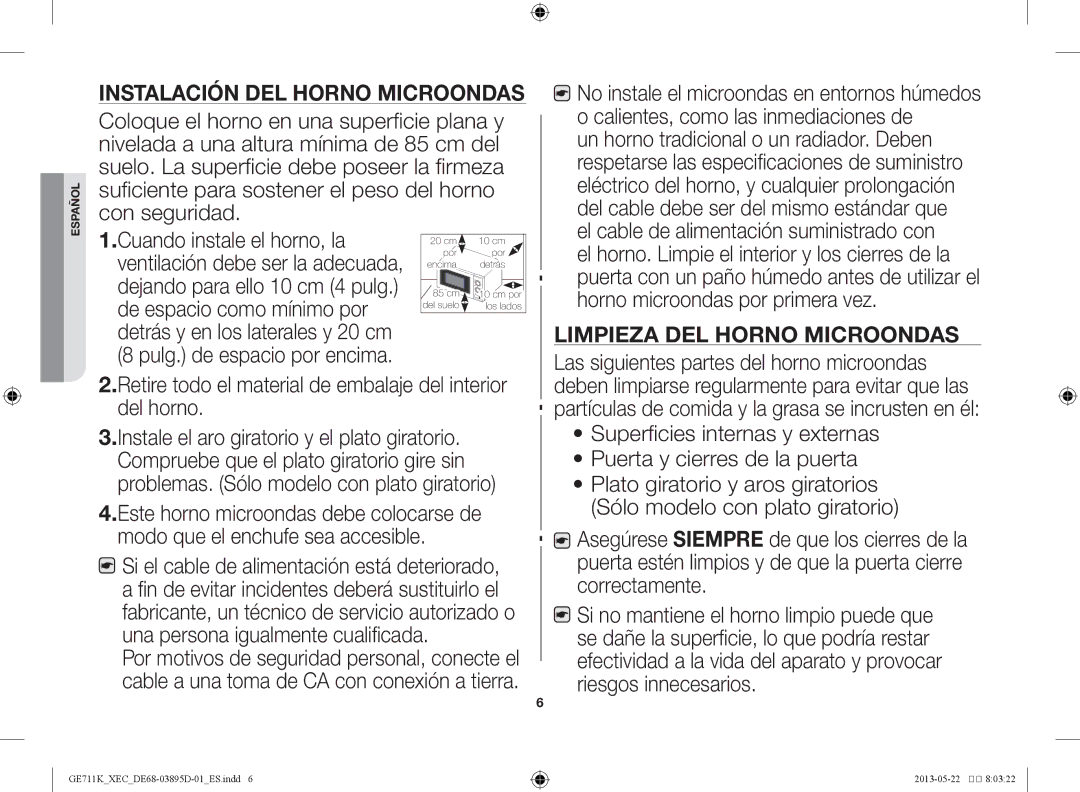 Samsung GE711K/XEC manual Instalación del horno microondas 