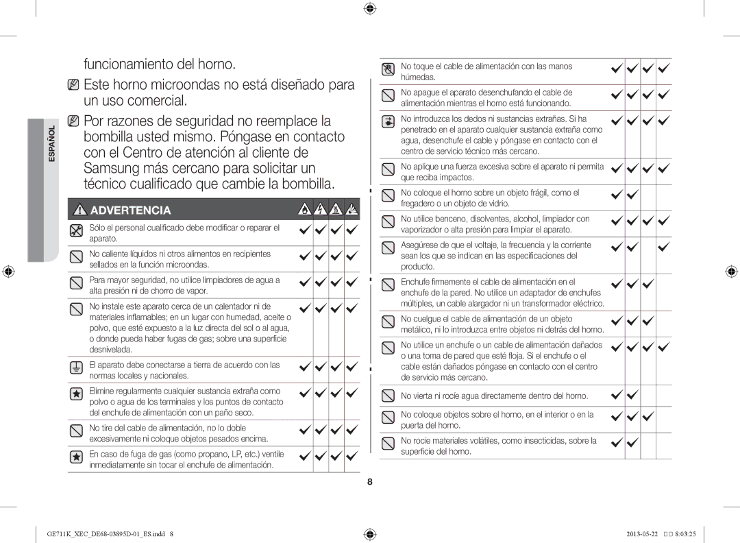 Samsung GE711K/XEC manual Advertencia, No toque el cable de alimentación con las manos húmedas 