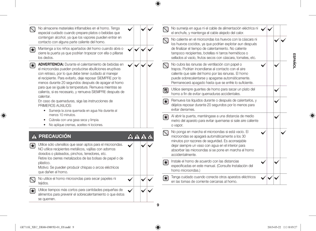 Samsung GE711K/XEC manual Primeros Auxilios, Sellados al vacío, frutos secos con cáscara, tomates, etc 