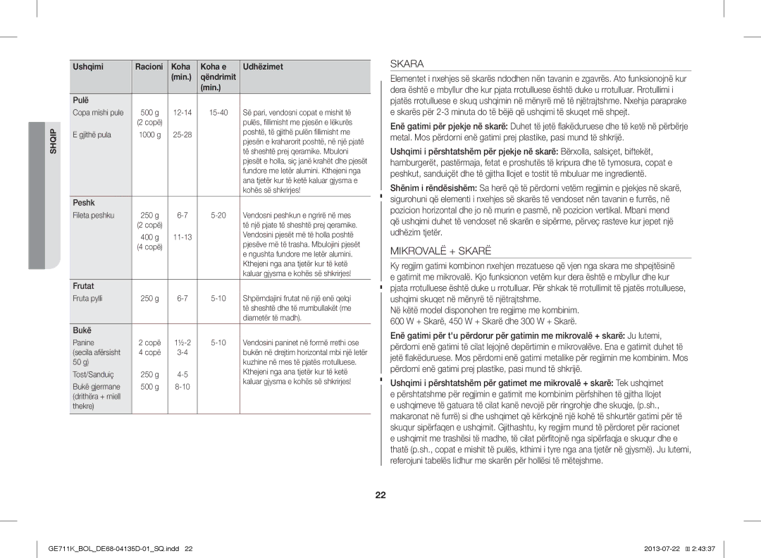 Samsung GE711K/XEO, GE711K/BOL manual Skara, Mikrovalë + Skarë, Ushqimi Racioni Koha Koha e Udhëzimet Min 