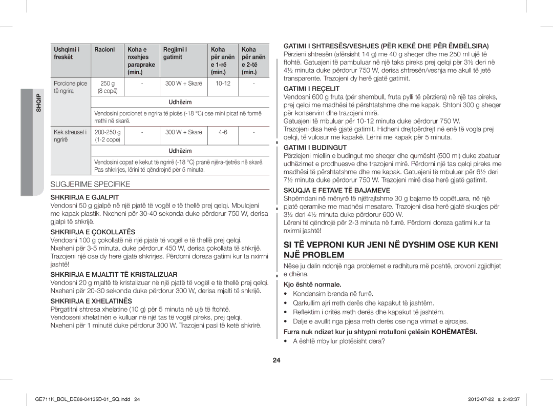 Samsung GE711K/XEO, GE711K/BOL manual SI TË Veproni KUR Jeni NË Dyshim OSE KUR Keni NJË Problem, Sugjerime Specifike 