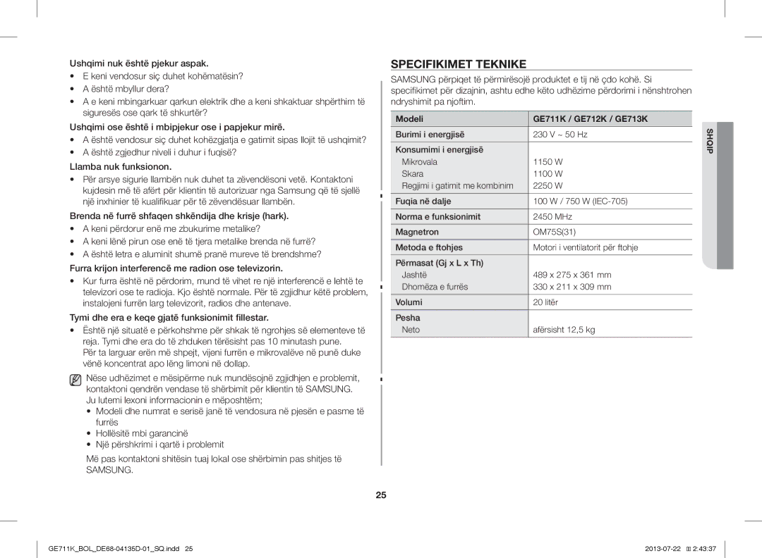 Samsung GE711K/BOL, GE711K/XEO manual Specifikimet Teknike, Modeli GE711K / GE712K / GE713K 