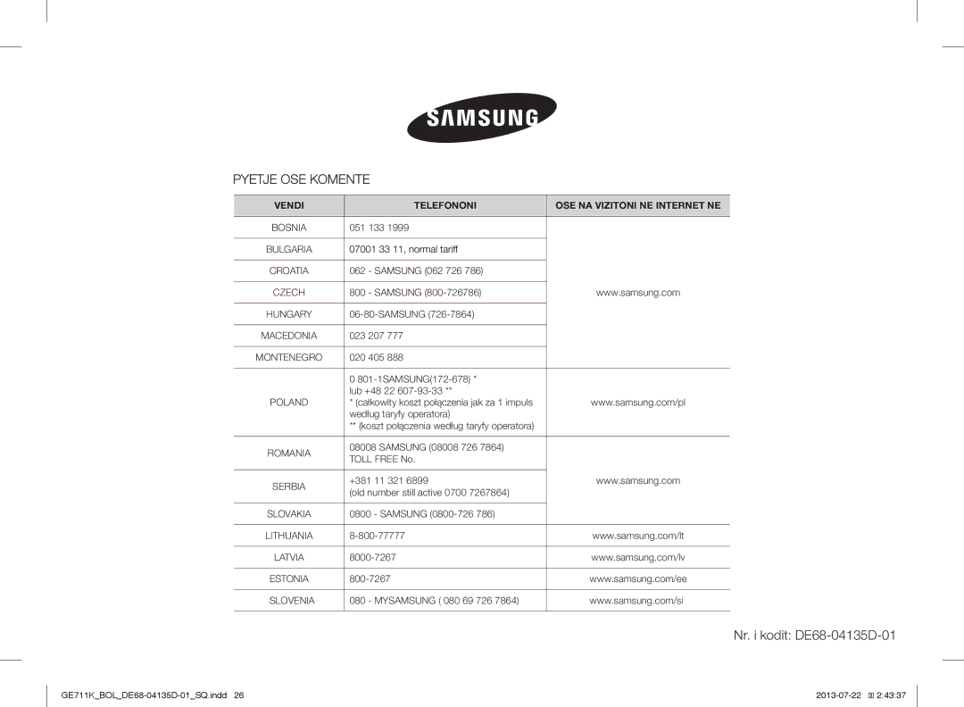 Samsung GE711K/XEO, GE711K/BOL manual Nr. i kodit DE68-04135D-01 