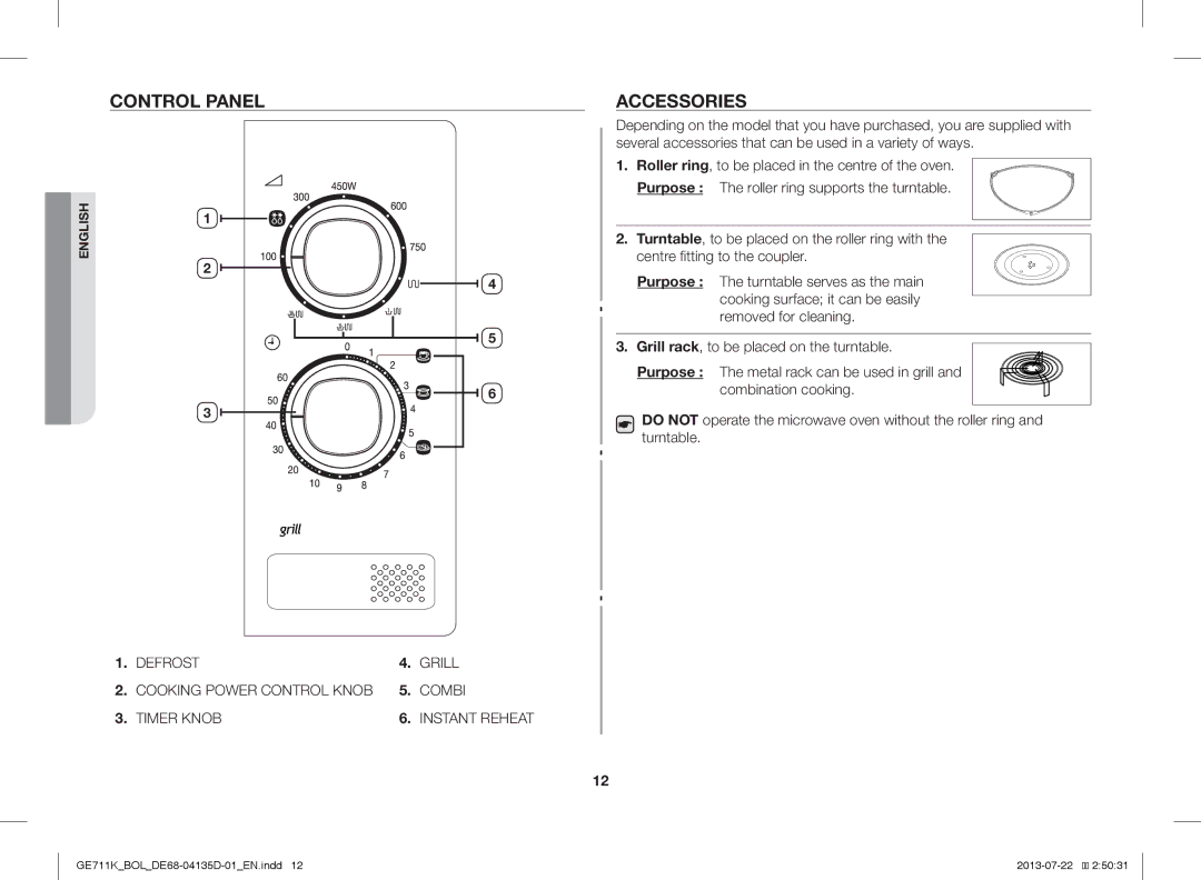 Samsung GE711K/XEO, GE711K/BOL manual Control Panel, Accessories 