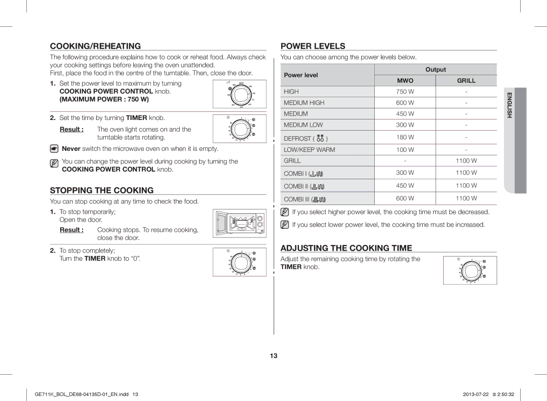 Samsung GE711K/BOL, GE711K/XEO manual Cooking/Reheating, Stopping the Cooking, Power Levels, Adjusting the Cooking Time 