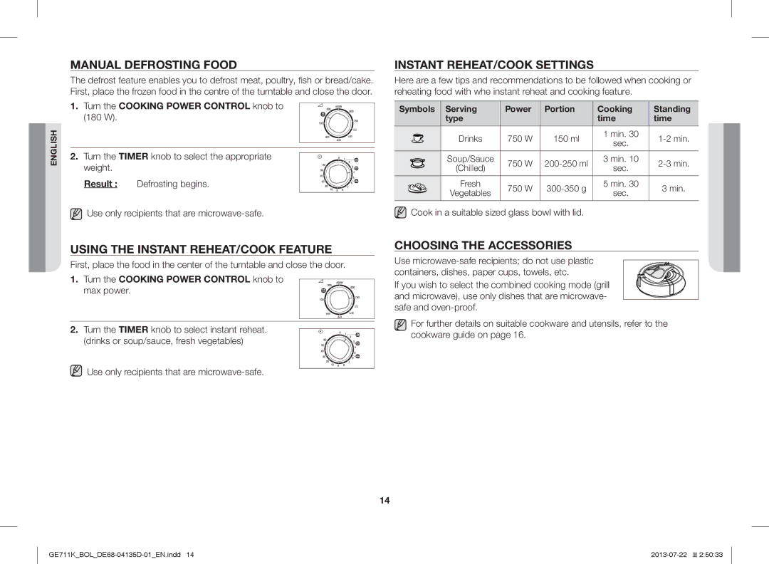 Samsung GE711K/XEO, GE711K/BOL Manual Defrosting Food, Using the Instant REHEAT/COOK Feature, Instant REHEAT/COOK Settings 