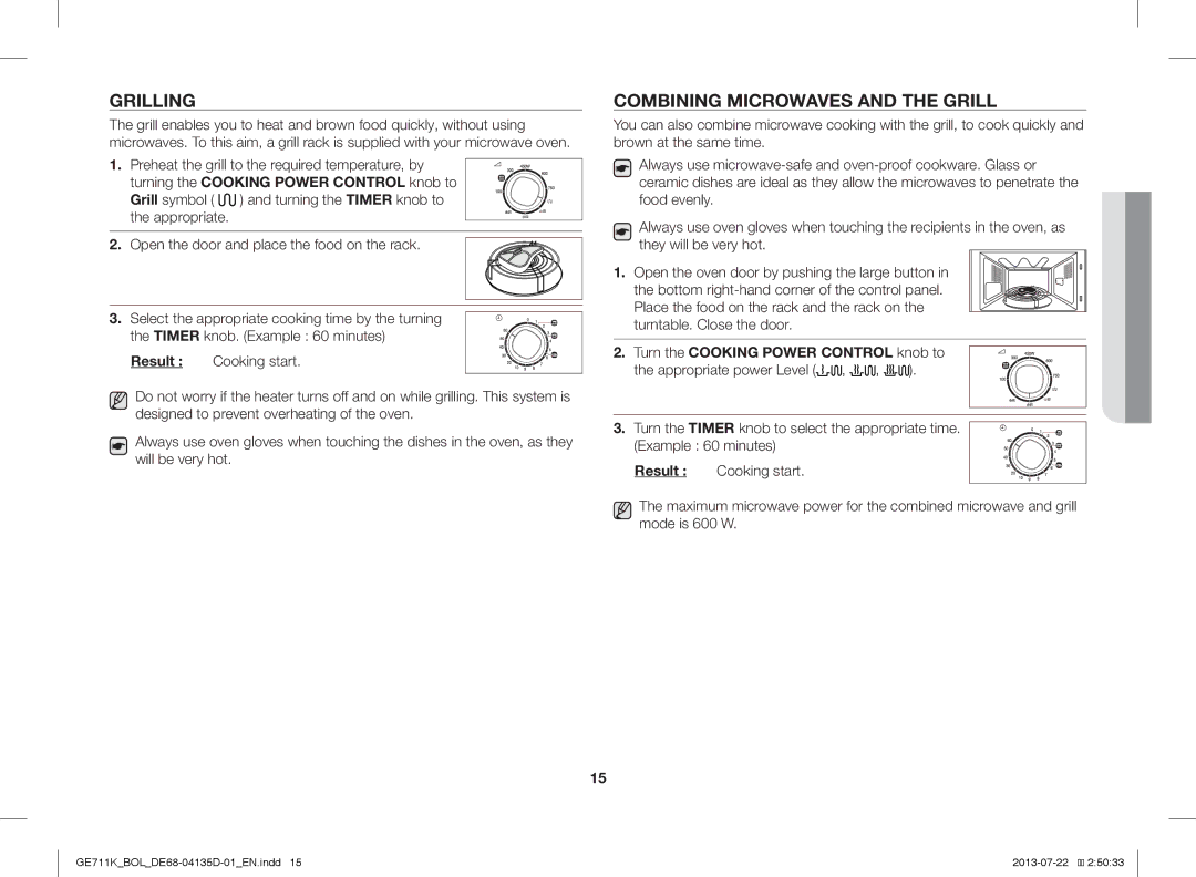 Samsung GE711K/BOL, GE711K/XEO manual Grilling, Combining Microwaves and the Grill 