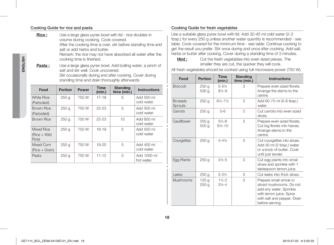 Samsung GE711K/XEO, GE711K/BOL manual Cooking Guide for fresh vegetables, Food Portion Power Time Standing Instructions Min 