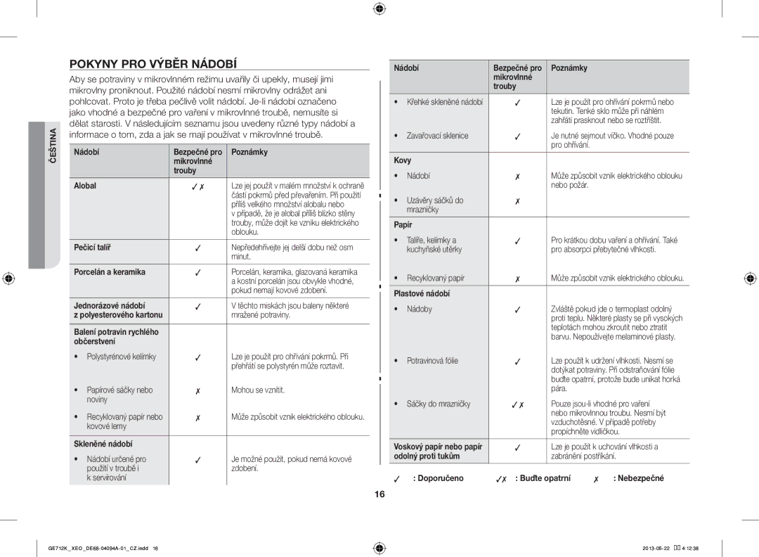 Samsung GE711K/XEO manual Pokyny PRO Výběr Nádobí 