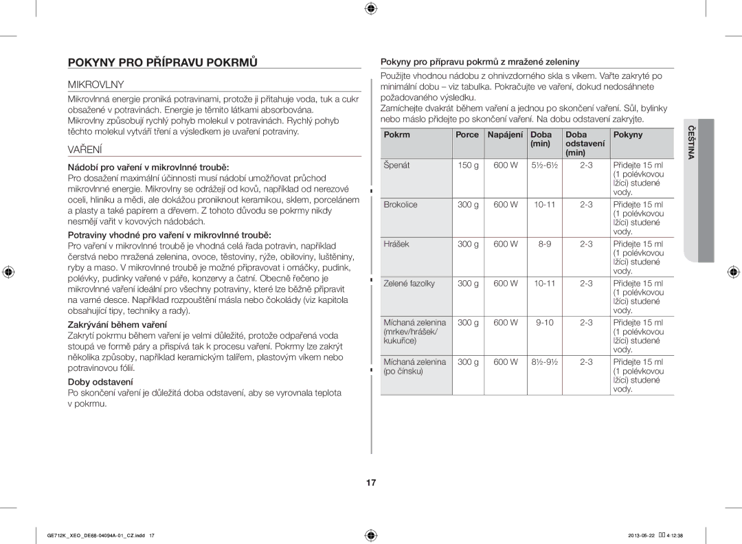 Samsung GE711K/XEO manual Pokyny PRO Přípravu Pokrmů, Mikrovlny, Vaření, Pokrm Porce Napájení Doba Pokyny Min Odstavení 