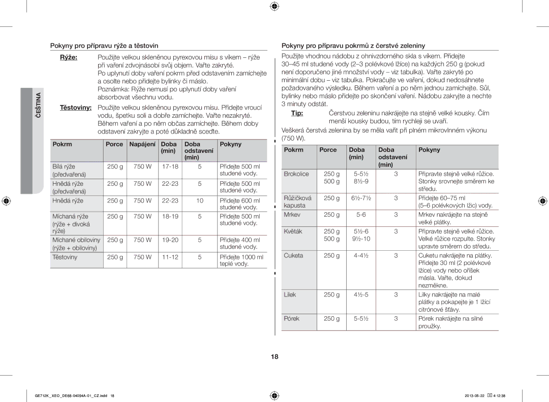 Samsung GE711K/XEO manual Pokrm Porce Doba Pokyny Min Odstavení 