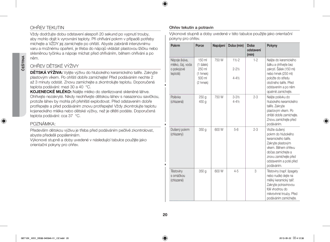 Samsung GE711K/XEO manual Ohřev Tekutin, Ohřev Dětské Výživy, Pokrm Porce, Doba Pokyny Odstavení Min 