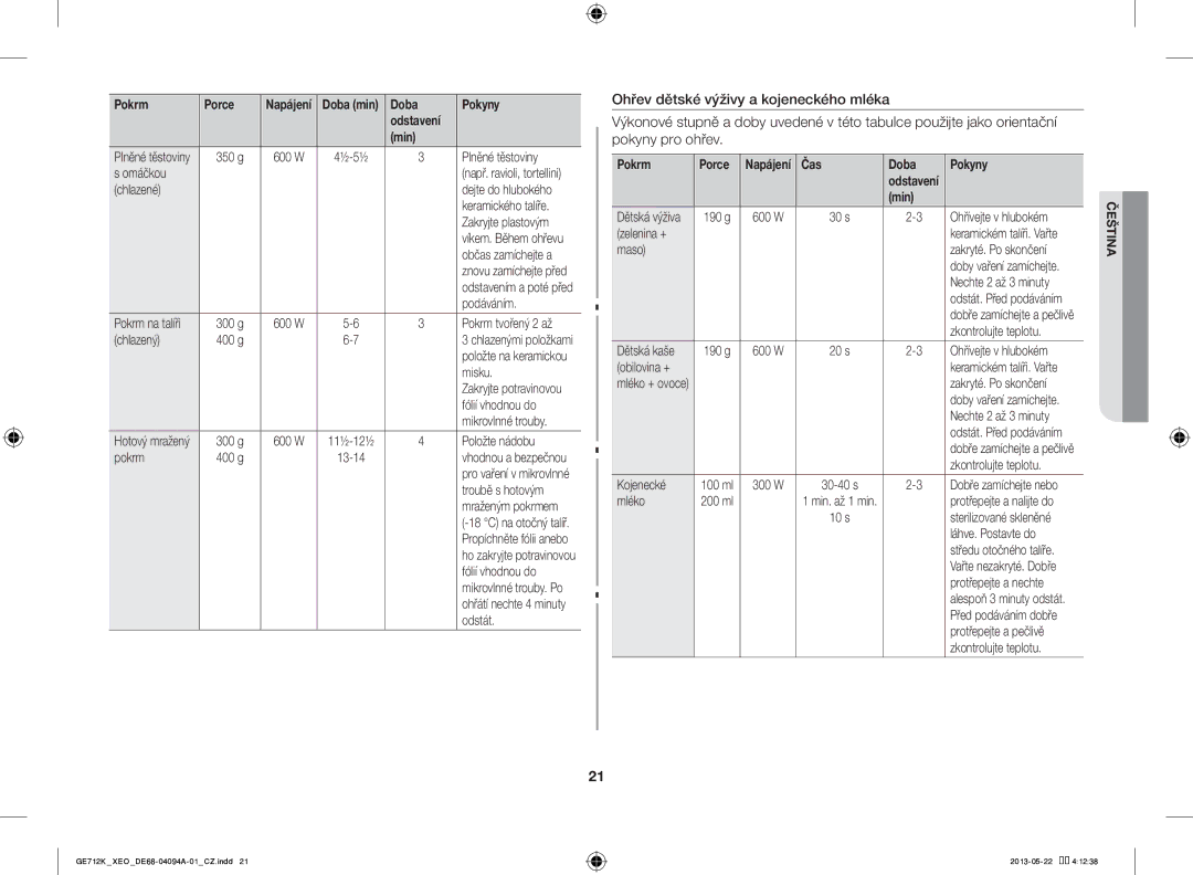 Samsung GE711K/XEO manual Čas Doba Pokyny 