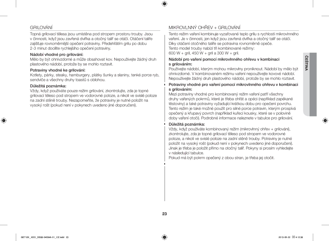 Samsung GE711K/XEO manual Mikrovlnný Ohřev + Grilování 