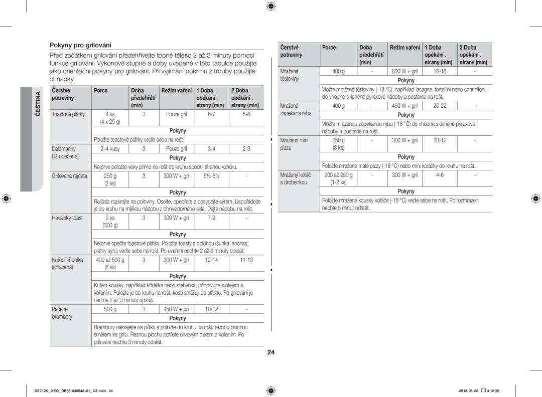 Samsung GE711K/XEO manual Čerstvé Porce Doba, Doba Potraviny, Opékání Min 