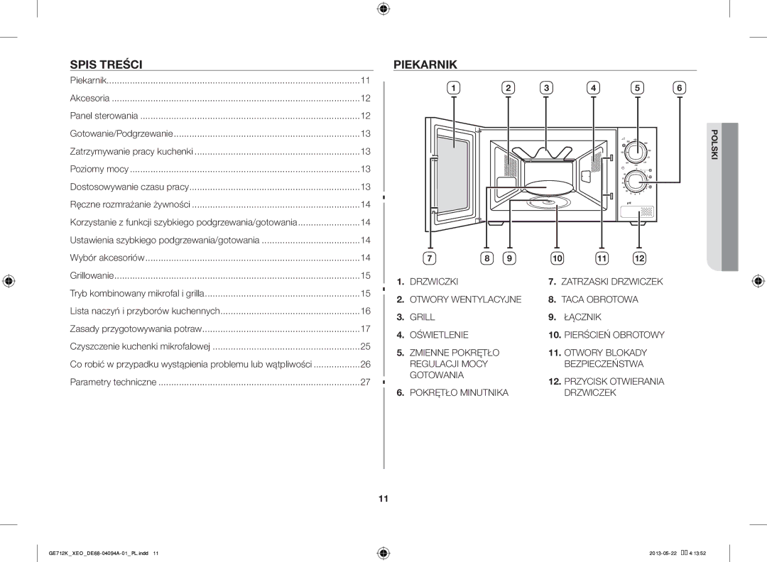 Samsung GE711K/XEO Spis Treści, Piekarnik, Dostosowywanie czasu pracy, Wybór akcesoriów, Zasady przygotowywania potraw 