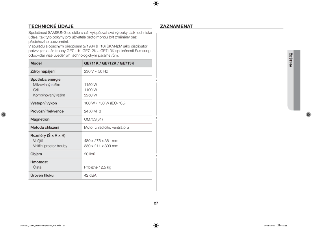 Samsung GE711K/XEO manual Technické Údaje Zaznamenat, Model GE711K / GE712K / GE713K 