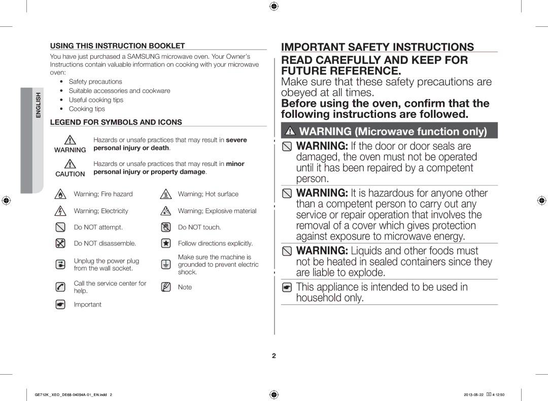 Samsung GE711K/XEO Read Carefully and Keep for Future Reference, This appliance is intended to be used in household only 