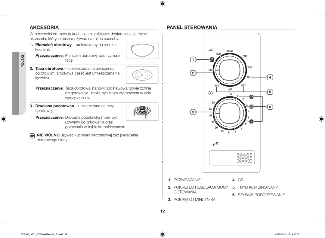 Samsung GE711K/XEO manual Akcesoria, Panel Sterowania, Pierścień obrotowy umieszczany na środku kuchenki 