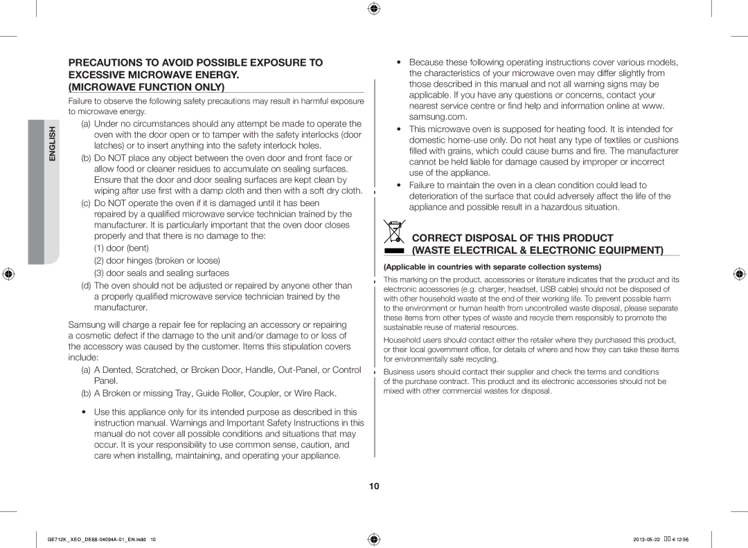 Samsung GE711K/XEO manual Applicable in countries with separate collection systems 