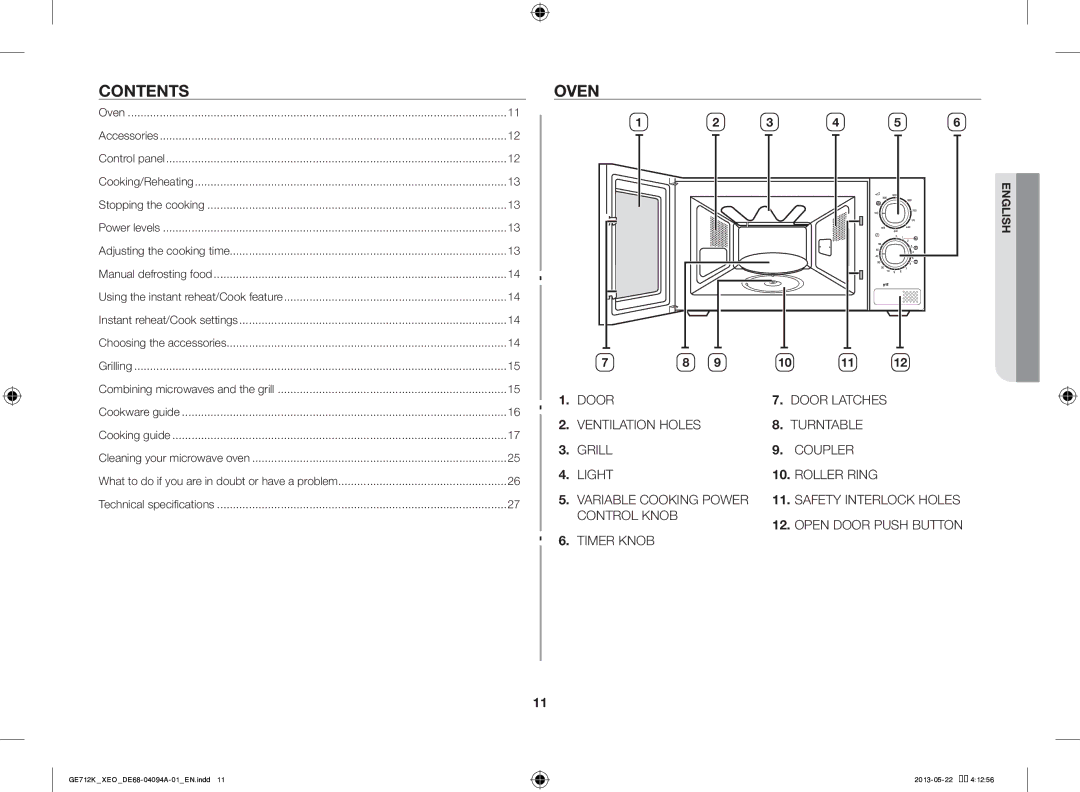 Samsung GE711K/XEO manual Contents, Oven 