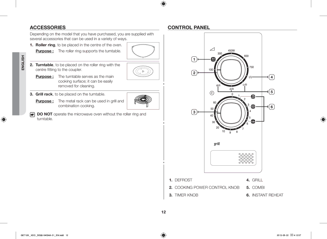 Samsung GE711K/XEO manual Accessories, Control Panel 