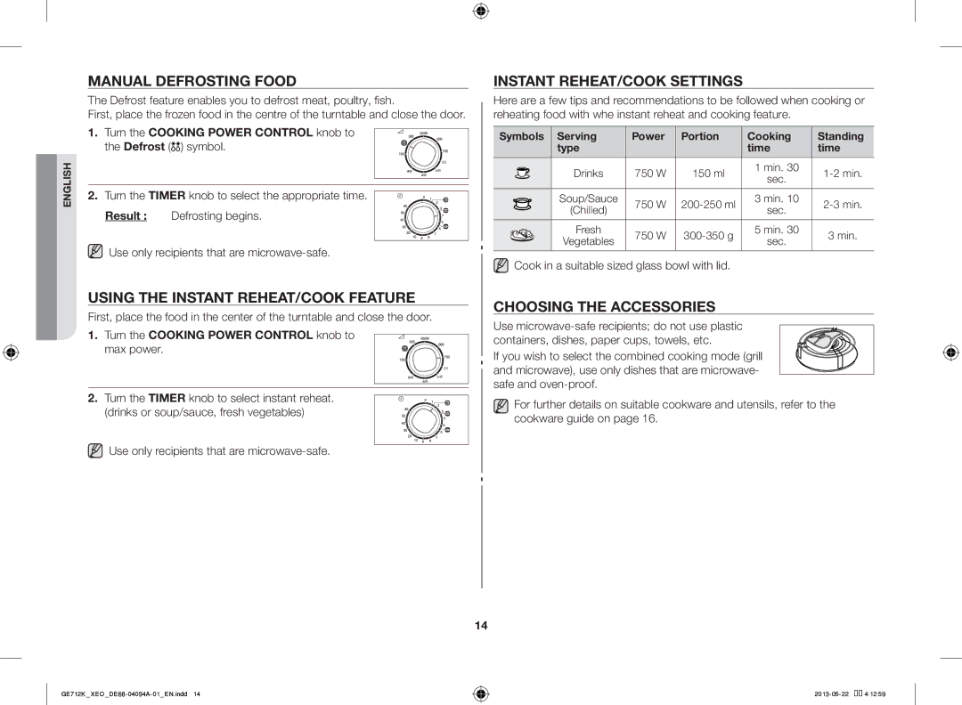 Samsung GE711K/XEO manual Manual Defrosting Food, Using the Instant REHEAT/COOK Feature, Instant REHEAT/COOK Settings 