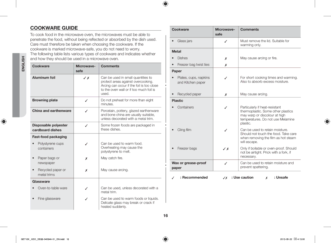 Samsung GE711K/XEO manual Cookware Guide, Cookware Microwave Comments Safe Aluminum foil 