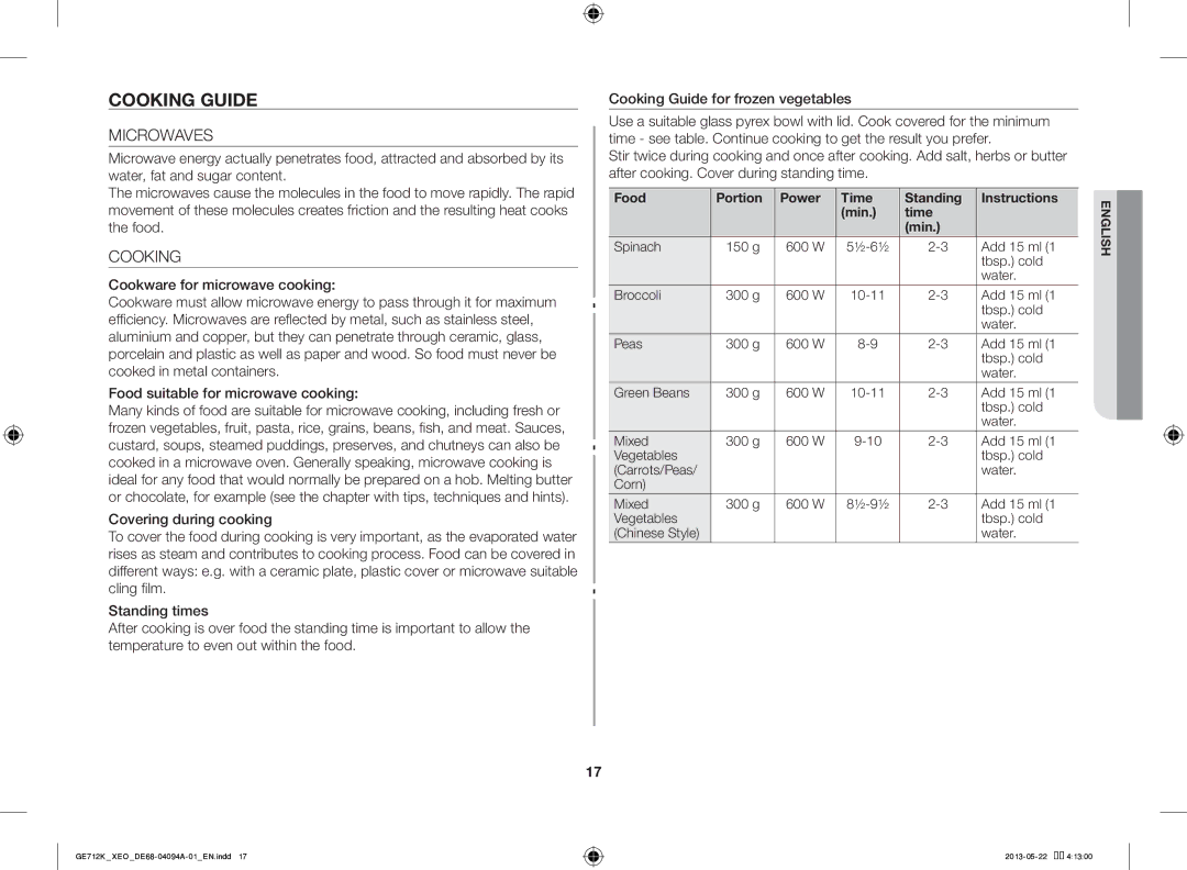 Samsung GE711K/XEO manual Cooking Guide, Microwaves, Food Portion Power Time Standing Instructions Min 