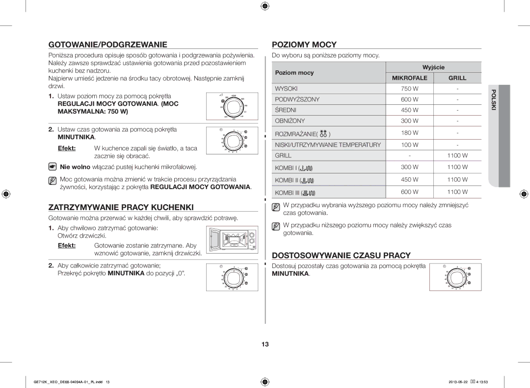 Samsung GE711K/XEO manual Gotowanie/Podgrzewanie, Zatrzymywanie Pracy Kuchenki, Poziomy Mocy, Dostosowywanie Czasu Pracy 