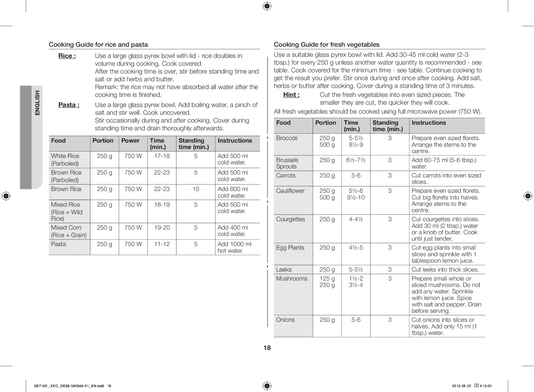 Samsung GE711K/XEO manual Cooking Guide for fresh vegetables, Food Portion Power Time Standing Instructions Min Time min 