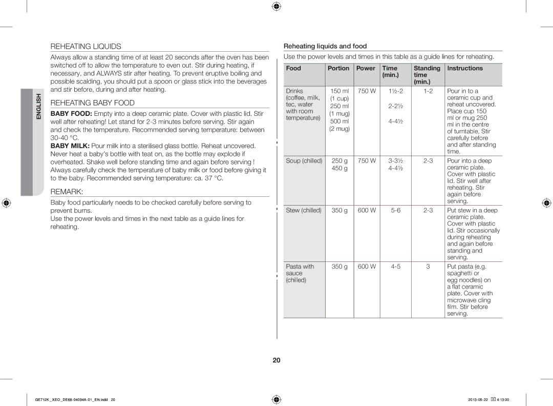 Samsung GE711K/XEO manual Reheating Liquids, Reheating Baby Food, Remark 