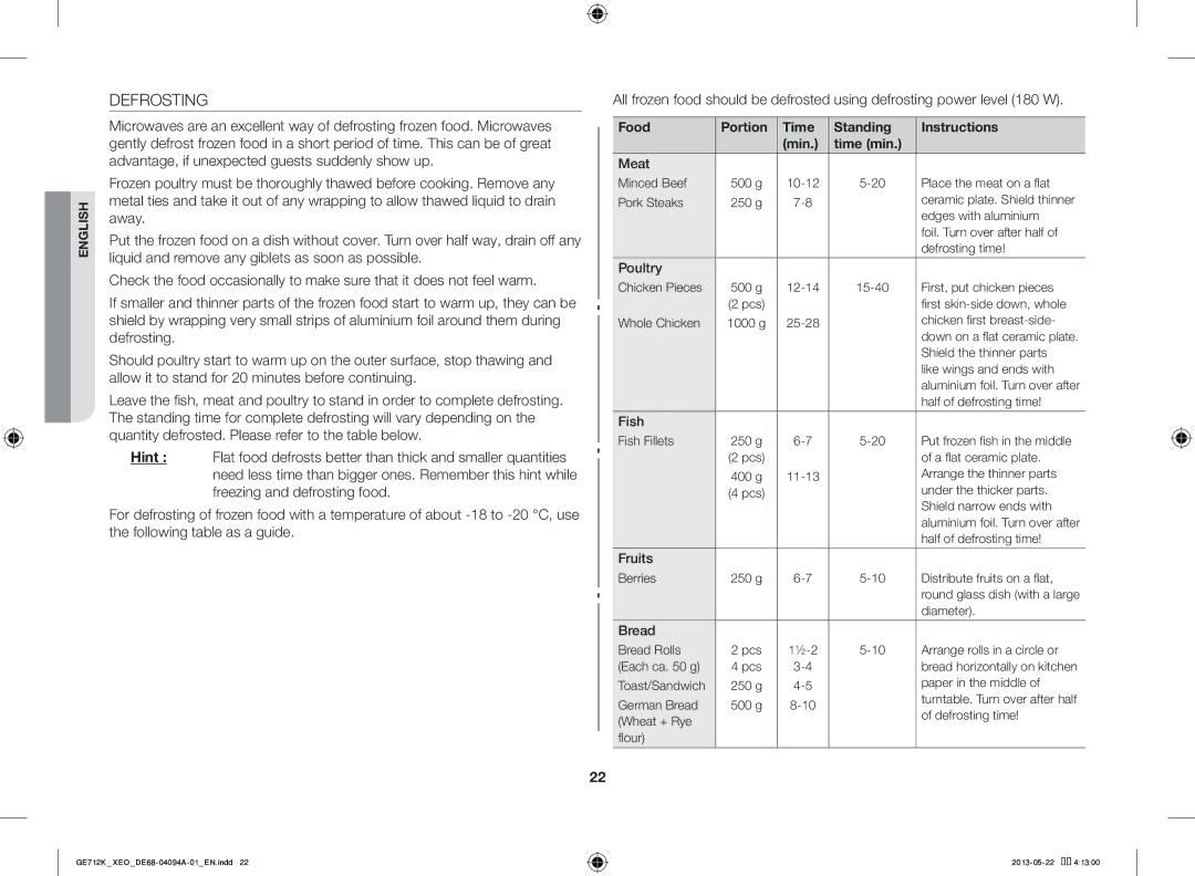 Samsung GE711K/XEO manual Defrosting 