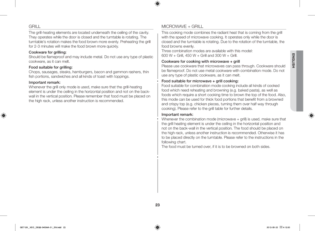 Samsung GE711K/XEO manual Microwave + Grill 